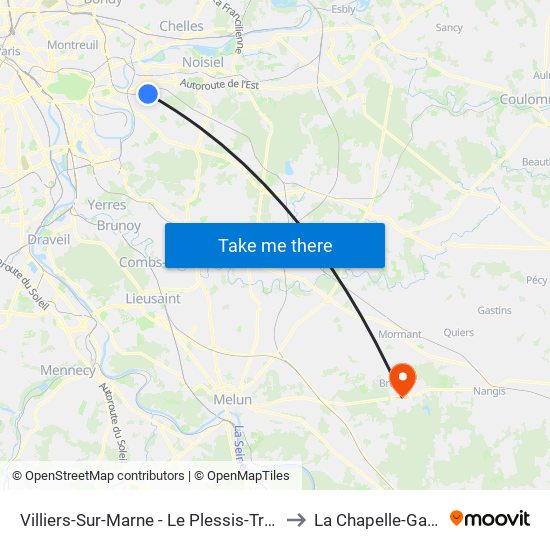 Villiers-Sur-Marne - Le Plessis-Trévise RER to La Chapelle-Gauthier map