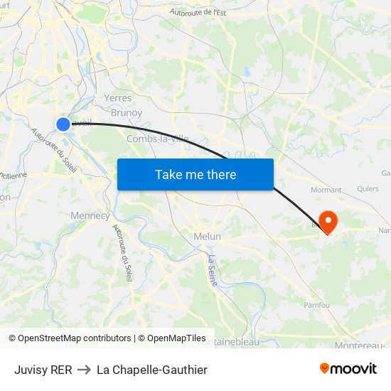 Juvisy RER to La Chapelle-Gauthier map