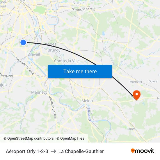 Aéroport Orly 1-2-3 to La Chapelle-Gauthier map