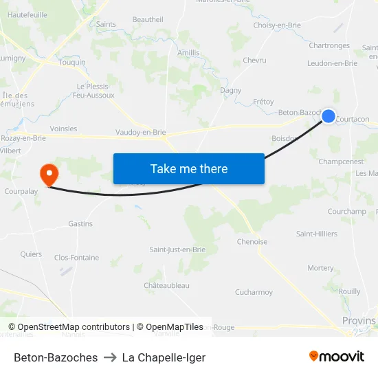 Beton-Bazoches to La Chapelle-Iger map