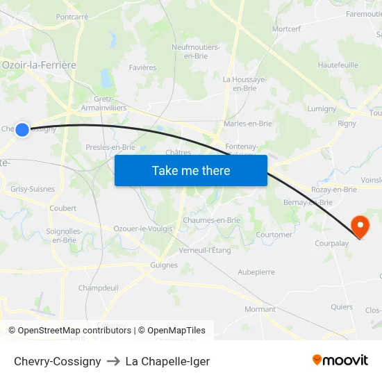 Chevry-Cossigny to La Chapelle-Iger map