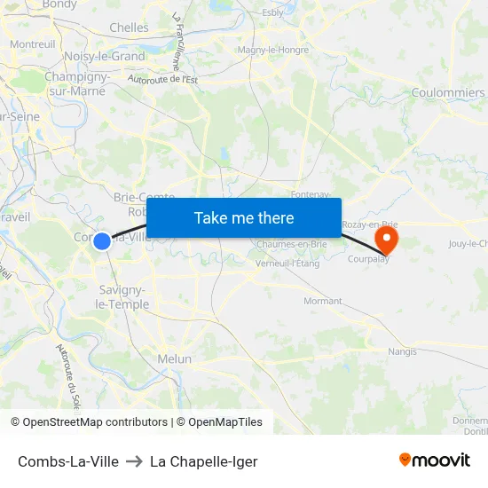 Combs-La-Ville to La Chapelle-Iger map