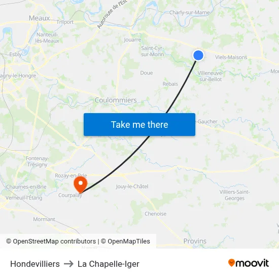 Hondevilliers to La Chapelle-Iger map