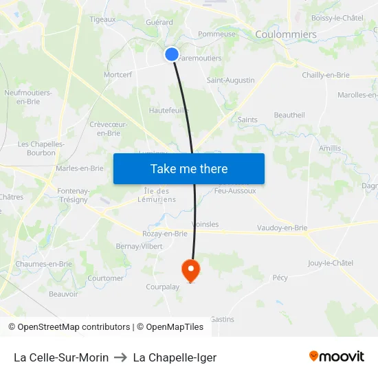 La Celle-Sur-Morin to La Chapelle-Iger map