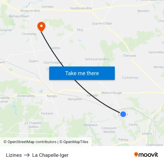 Lizines to La Chapelle-Iger map