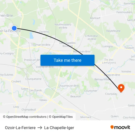 Ozoir-La-Ferriere to La Chapelle-Iger map