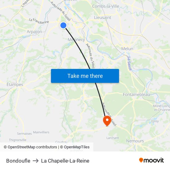 Bondoufle to La Chapelle-La-Reine map