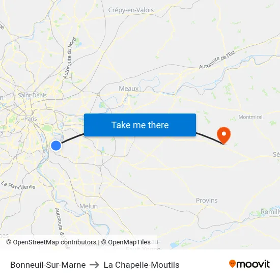 Bonneuil-Sur-Marne to La Chapelle-Moutils map