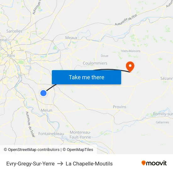 Evry-Gregy-Sur-Yerre to La Chapelle-Moutils map