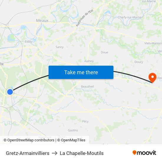 Gretz-Armainvilliers to La Chapelle-Moutils map