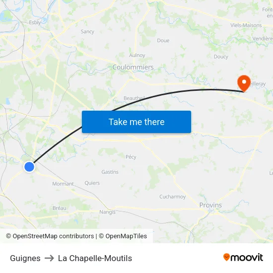 Guignes to La Chapelle-Moutils map