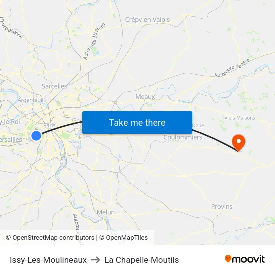 Issy-Les-Moulineaux to La Chapelle-Moutils map