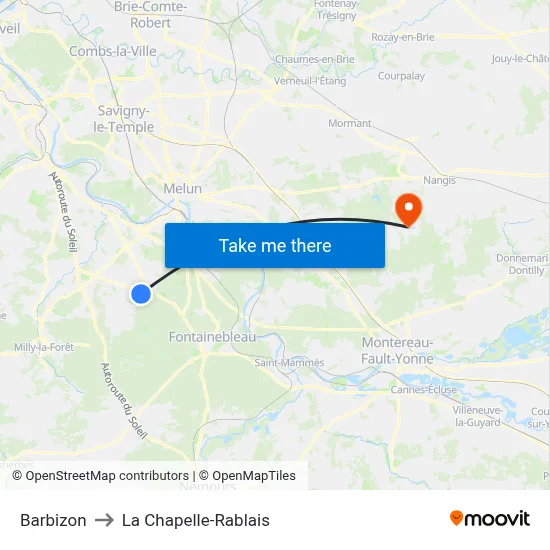 Barbizon to La Chapelle-Rablais map