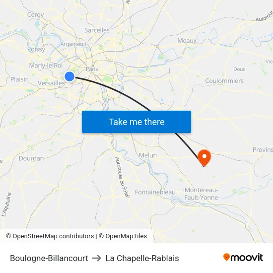 Boulogne-Billancourt to La Chapelle-Rablais map