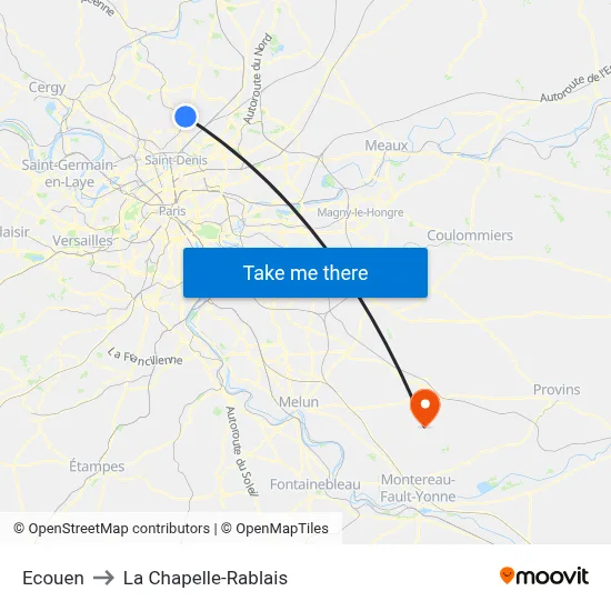 Ecouen to La Chapelle-Rablais map