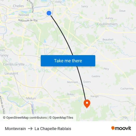 Montevrain to La Chapelle-Rablais map