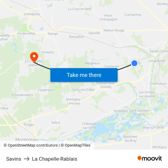Savins to La Chapelle-Rablais map