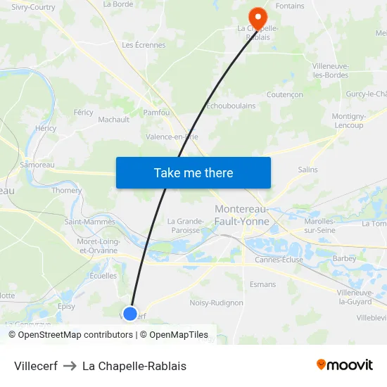Villecerf to La Chapelle-Rablais map