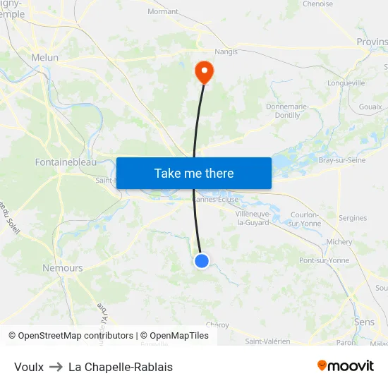 Voulx to La Chapelle-Rablais map