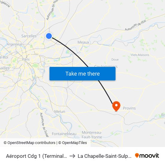 Aéroport Cdg 1 (Terminal 3) to La Chapelle-Saint-Sulpice map