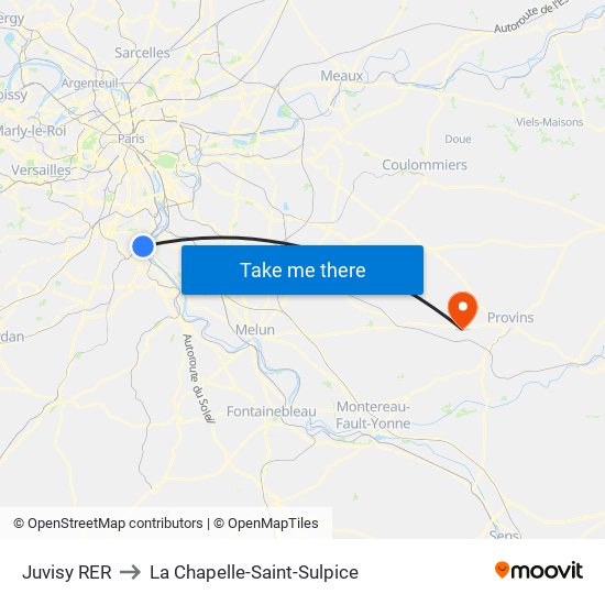 Juvisy RER to La Chapelle-Saint-Sulpice map