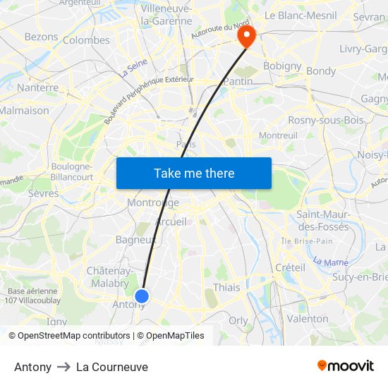 Antony to La Courneuve map