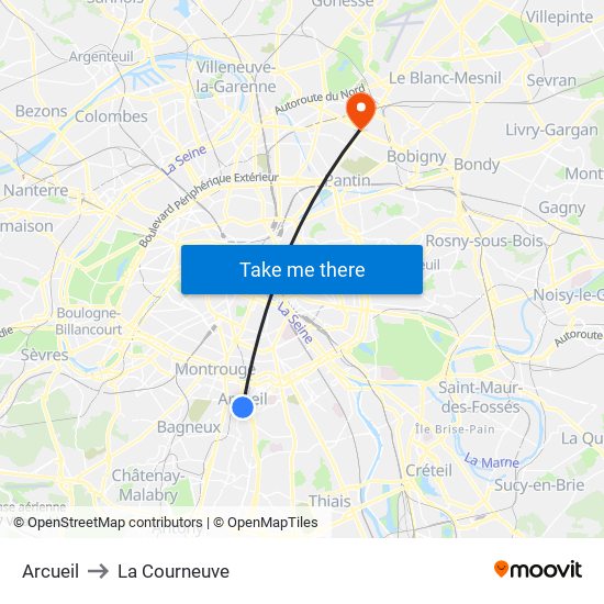 Arcueil to La Courneuve map