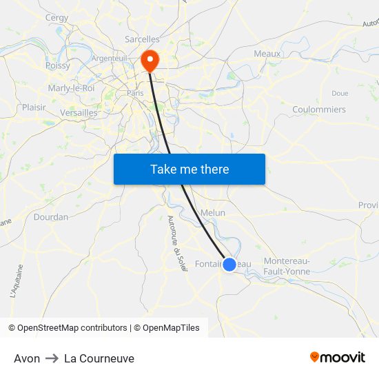 Avon to La Courneuve map