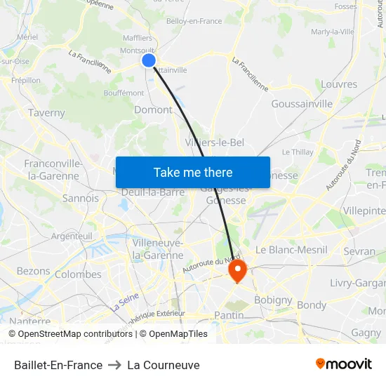 Baillet-En-France to La Courneuve map