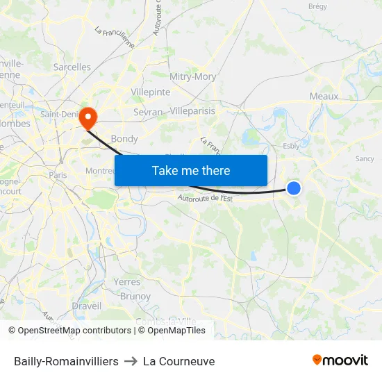 Bailly-Romainvilliers to La Courneuve map
