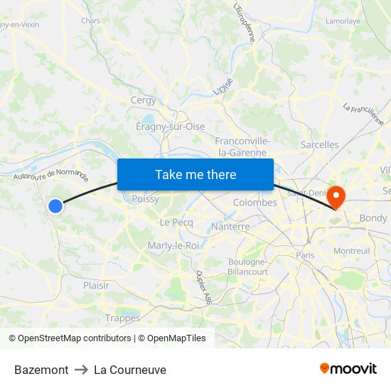 Bazemont to La Courneuve map