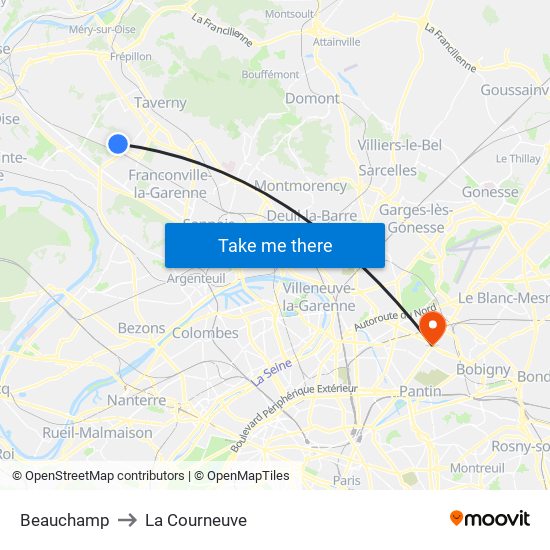 Beauchamp to La Courneuve map