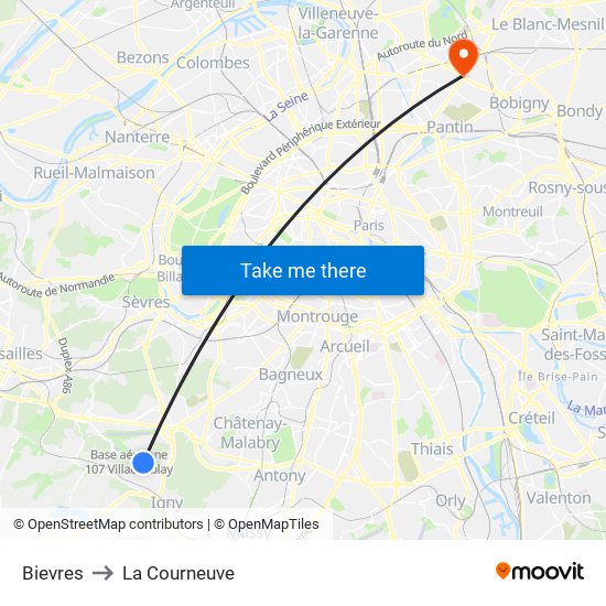 Bievres to La Courneuve map
