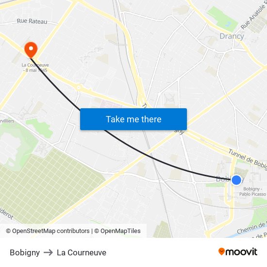Bobigny to La Courneuve map