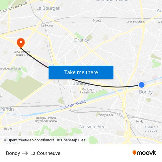 Bondy to La Courneuve map