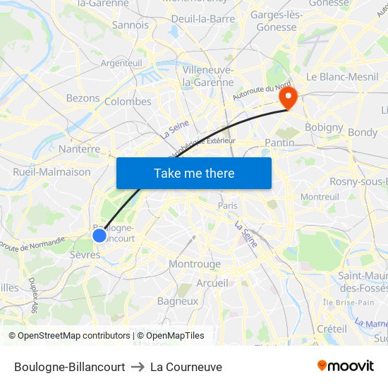 Boulogne-Billancourt to La Courneuve map