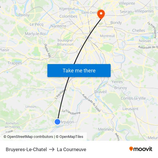 Bruyeres-Le-Chatel to La Courneuve map