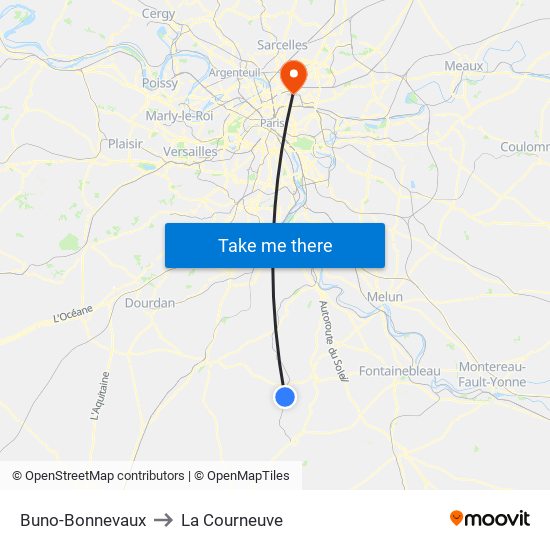 Buno-Bonnevaux to La Courneuve map
