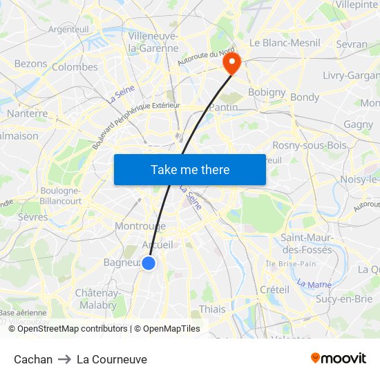 Cachan to La Courneuve map