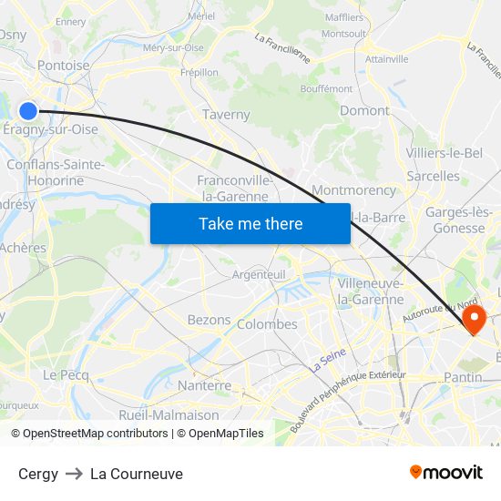 Cergy to La Courneuve map