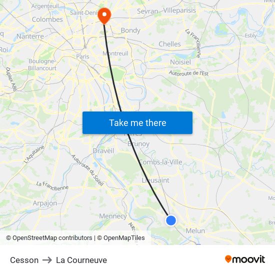 Cesson to La Courneuve map