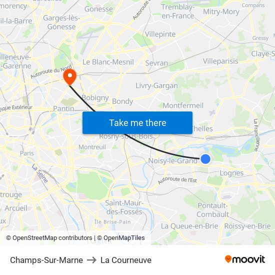 Champs-Sur-Marne to La Courneuve map