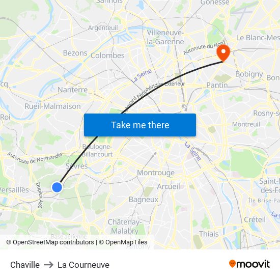 Chaville to La Courneuve map