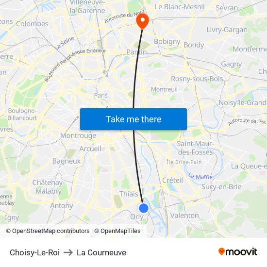 Choisy-Le-Roi to La Courneuve map