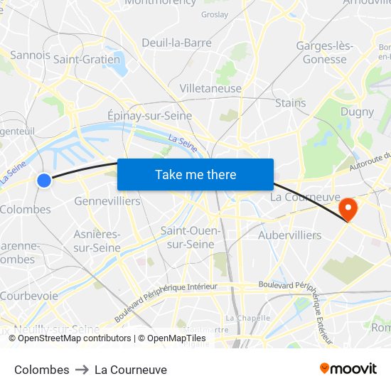 Colombes to La Courneuve map