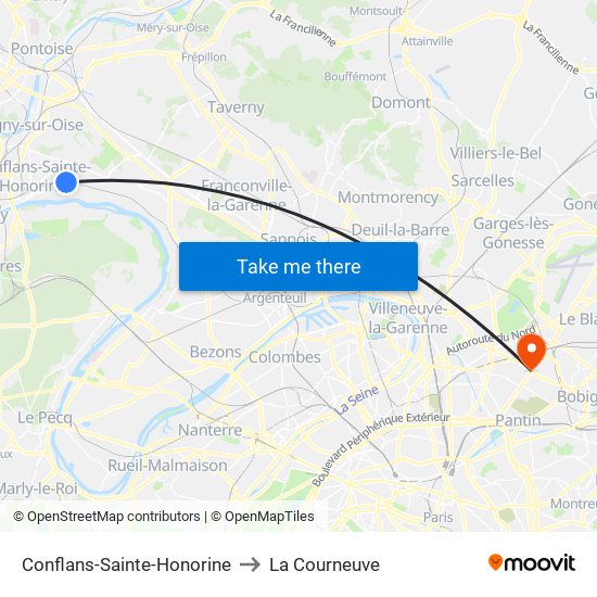 Conflans-Sainte-Honorine to La Courneuve map