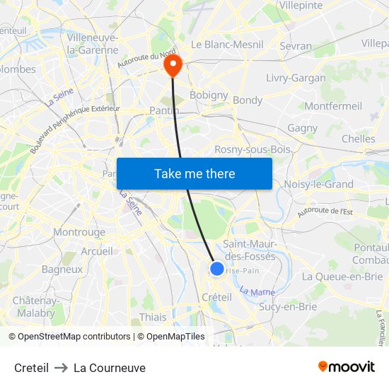 Creteil to La Courneuve map