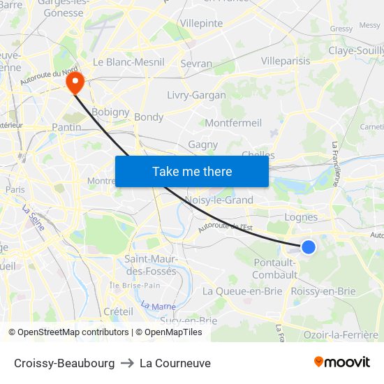Croissy-Beaubourg to La Courneuve map