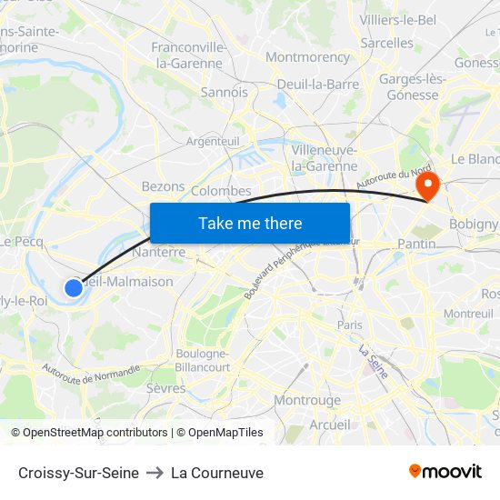 Croissy-Sur-Seine to La Courneuve map