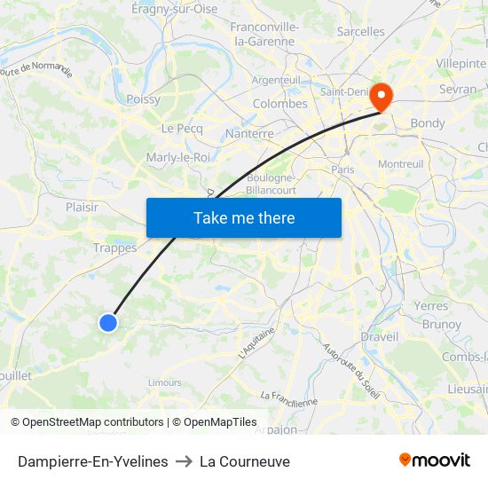 Dampierre-En-Yvelines to La Courneuve map